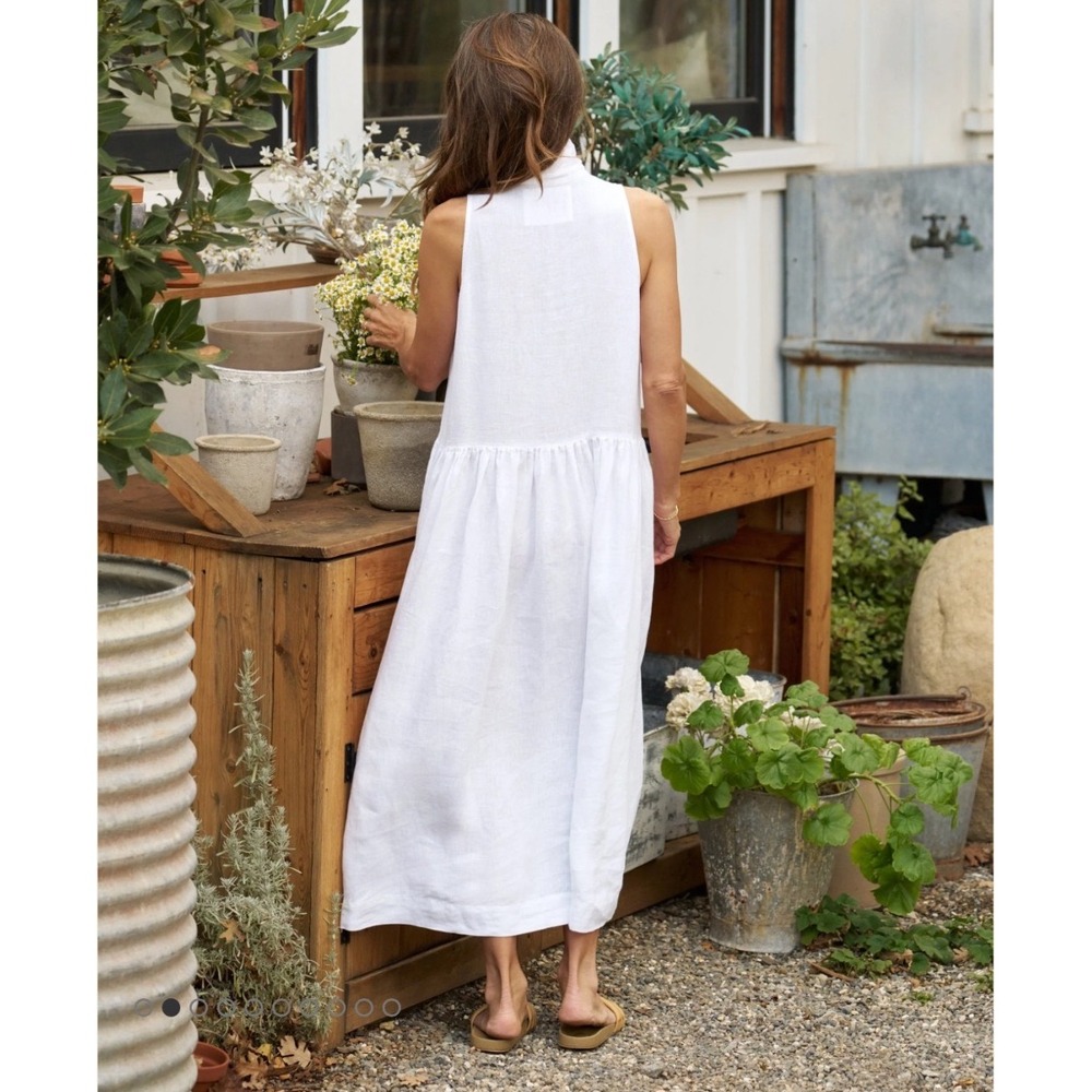 Frank & Eileen Daphne White Washed 100% Linen Sleeveless Drop Waist Midi Dress - Picture 3 of 8